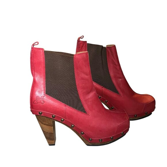 John Fluvog Faiths Certitude Red Ladies Leather Boots Size 9 Platform Wood Heel - Picture 6 of 16